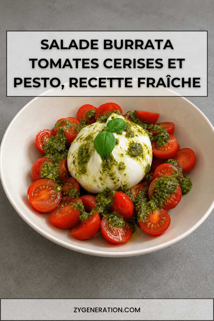 Salade fraîche de burrata crémeuse servie avec tomates cerises coupées, pesto vert, huile d’olive et feuilles de basilic dans une assiette creuse.