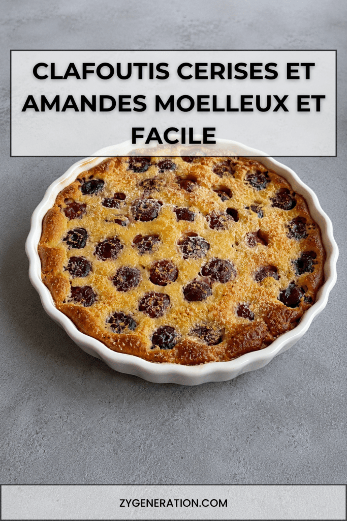 Clafoutis maison aux cerises et aux amandes doré au four, servi dans un plat à gratin avec une texture moelleuse et des cerises visibles.