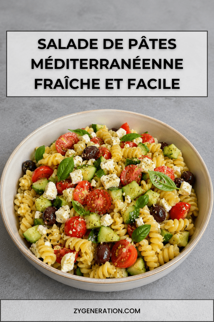 Salade de pâtes méditerranéenne colorée avec tomates cerises, concombre, feta en morceaux, olives noires, basilic frais et huile d’olive.
