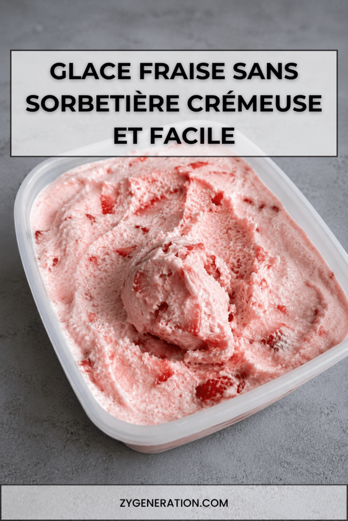 Glace maison à la fraise sans sorbetière, servie en boules crémeuses avec une couleur rose naturelle et des fraises fraîches.