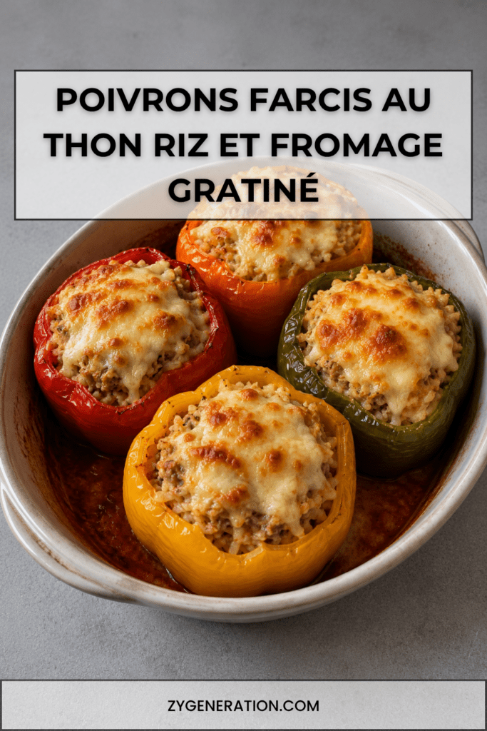 Poivrons farcis au thon, riz, sauce tomate et fromage râpé gratiné, servis dans un plat de cuisson avec une garniture généreuse et colorée.