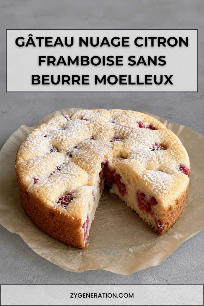Gâteau moelleux citron framboise sans beurre, doré au four, avec une mie légère, des framboises visibles et un zeste de citron frais.