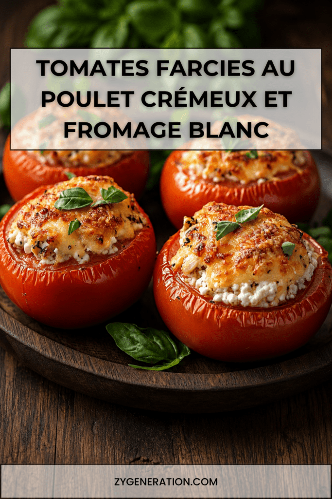 Tomates farcies au poulet et fromage blanc gratinées au four, servies sur une planche rustique avec basilic frais et salade verte.