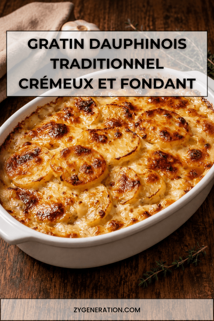 Gratin dauphinois traditionnel doré au four, préparé avec des pommes de terre fondantes, de la crème, du lait, de l’ail et une pointe de muscade.