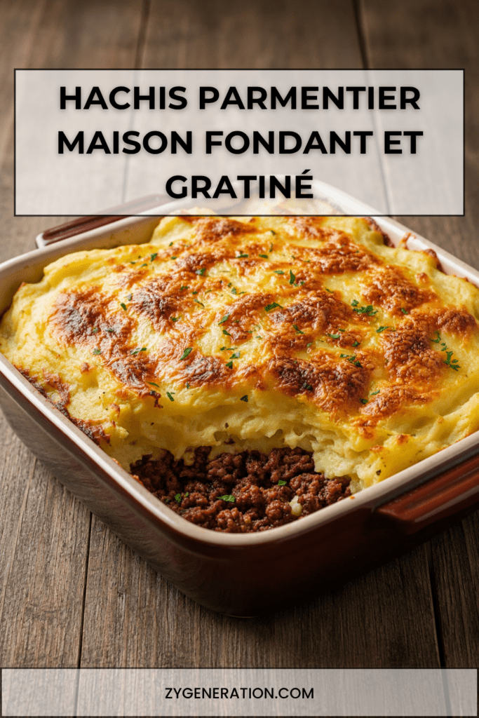 Hachis Parmentier maison doré au four, préparé avec une purée de pommes de terre fondante, une garniture de bœuf mijoté et du fromage gratiné.