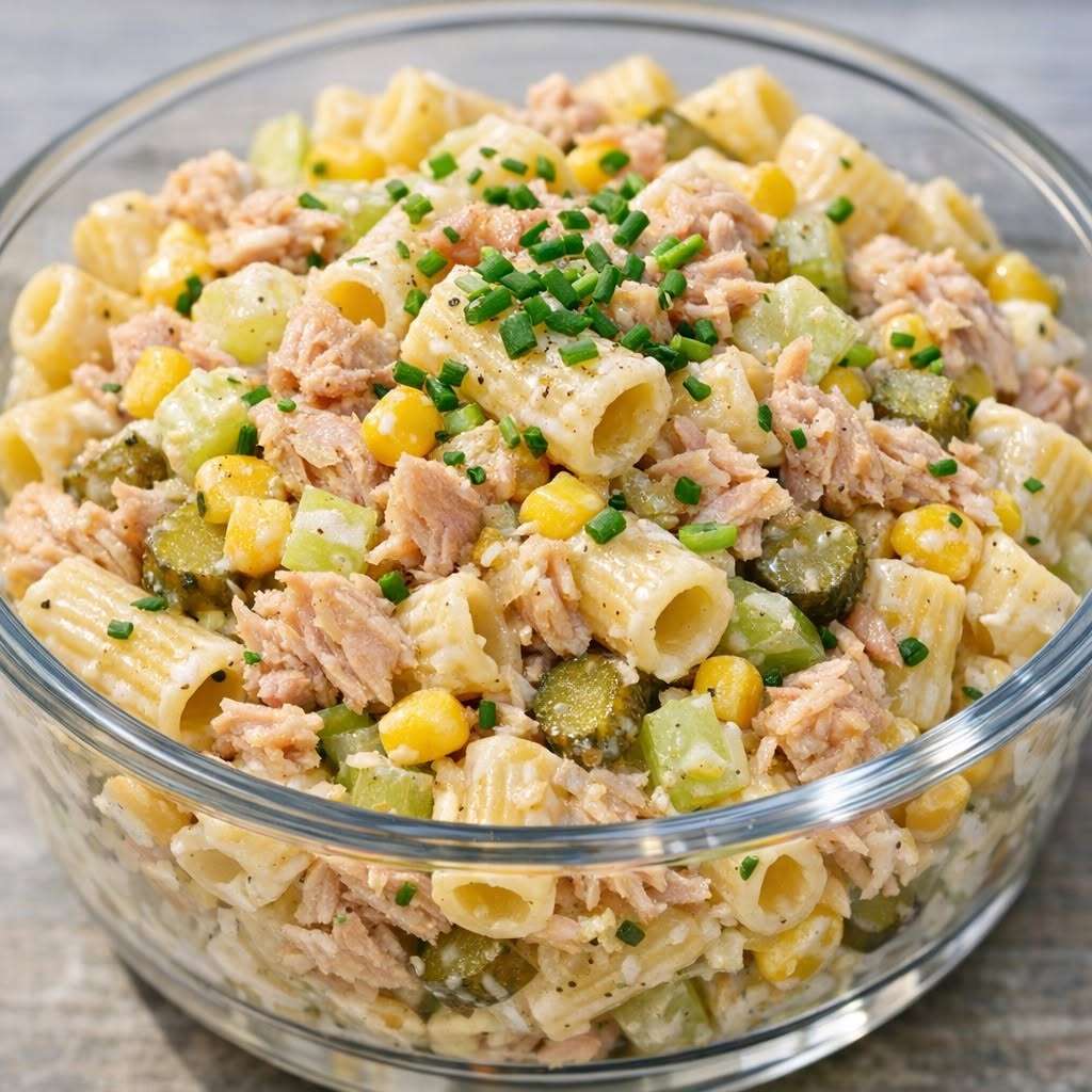 Salade froide de pâtes au thon servie dans un saladier, avec maïs, céleri croquant, cornichons, ciboulette et sauce crémeuse au yaourt.
