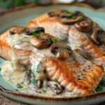 Pavé de saumon farci aux champignons, nappé d’une sauce crémeuse, servi avec du persil frais et un accompagnement de riz.