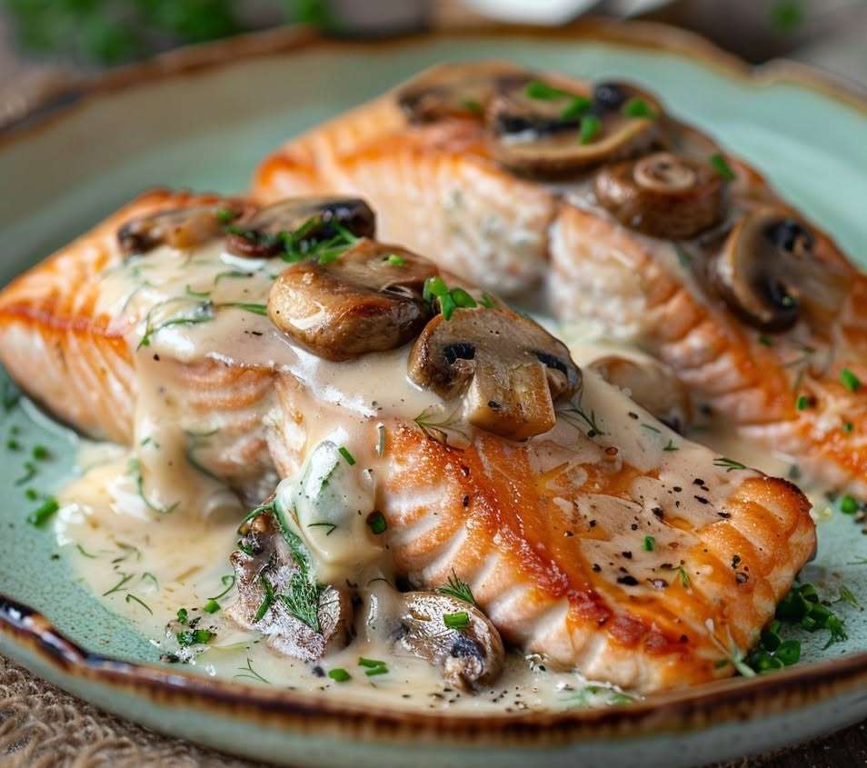 Pavé de saumon farci aux champignons, nappé d’une sauce crémeuse, servi avec du persil frais et un accompagnement de riz.