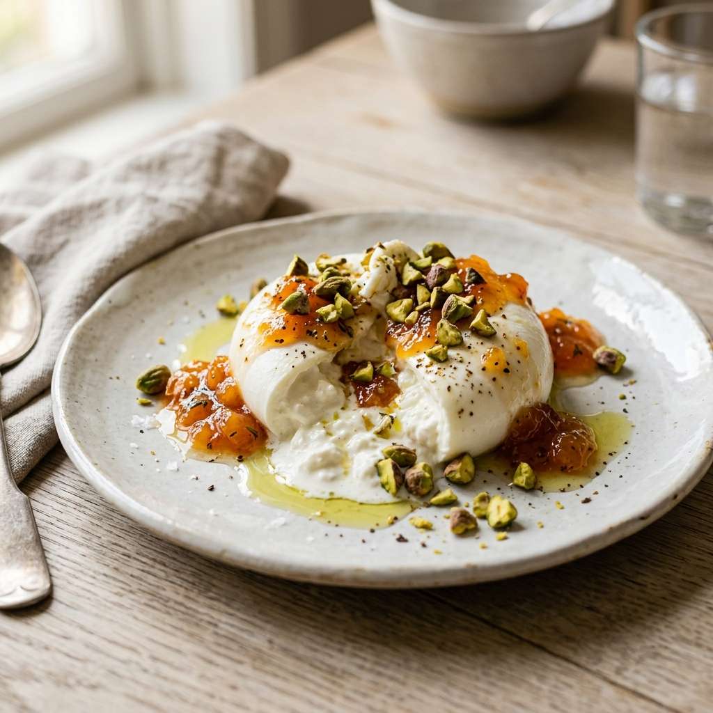 Burrata ouverte à la confiture d’abricots et aux pistaches concassées, servie avec du pain grillé dans une assiette claire.