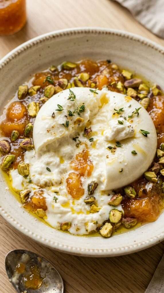 Burrata ouverte à la confiture d’abricots et aux pistaches concassées, servie avec du pain grillé dans une assiette claire.