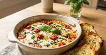 Trempette caprese chaude aux tomates et à la mozzarella filante, servie dans une poêle avec des morceaux de pain dorés au beurre à l’ail.