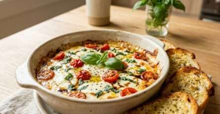 Trempette caprese chaude aux tomates et à la mozzarella filante, servie dans une poêle avec des morceaux de pain dorés au beurre à l’ail.