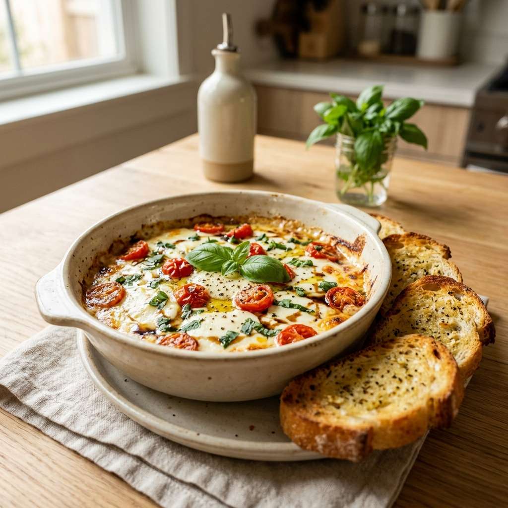 Trempette caprese chaude aux tomates et à la mozzarella filante, servie dans une poêle avec des morceaux de pain dorés au beurre à l’ail.
