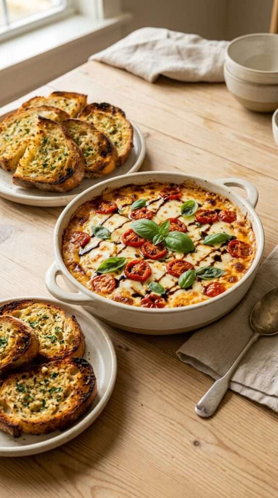 Trempette caprese chaude aux tomates et à la mozzarella filante, servie dans une poêle avec des morceaux de pain dorés au beurre à l’ail.