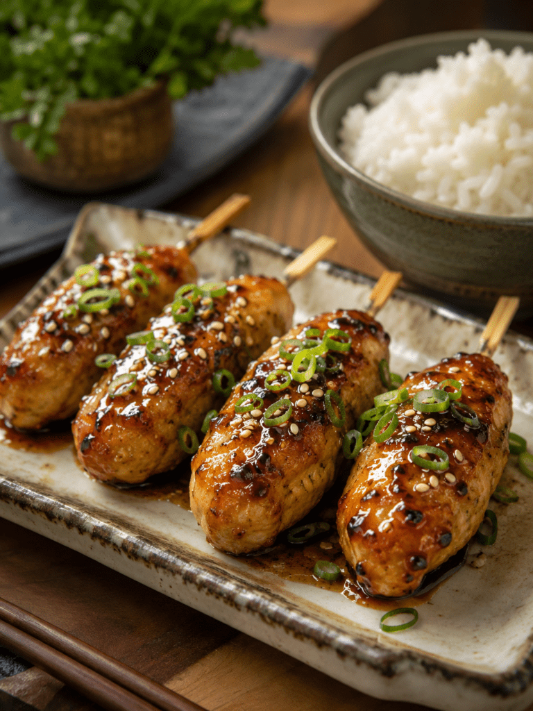 Boulettes de poulet japonaises façon tsukune, brillantes et caramélisées dans une sauce soja au miel, servies avec du riz blanc et des graines de sésame.