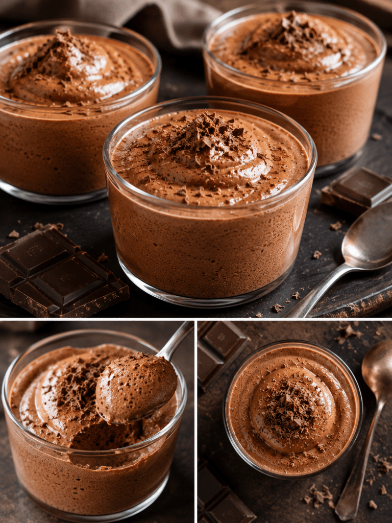 Verrines de mousse au chocolat noir à la texture soyeuse et aérienne, décorées de copeaux de chocolat et servies bien fraîches.