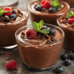 Verrines de mousse au chocolat noir à la texture soyeuse et aérienne, décorées de copeaux de chocolat et servies bien fraîches.