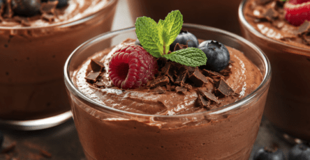 Verrines de mousse au chocolat noir à la texture soyeuse et aérienne, décorées de copeaux de chocolat et servies bien fraîches.