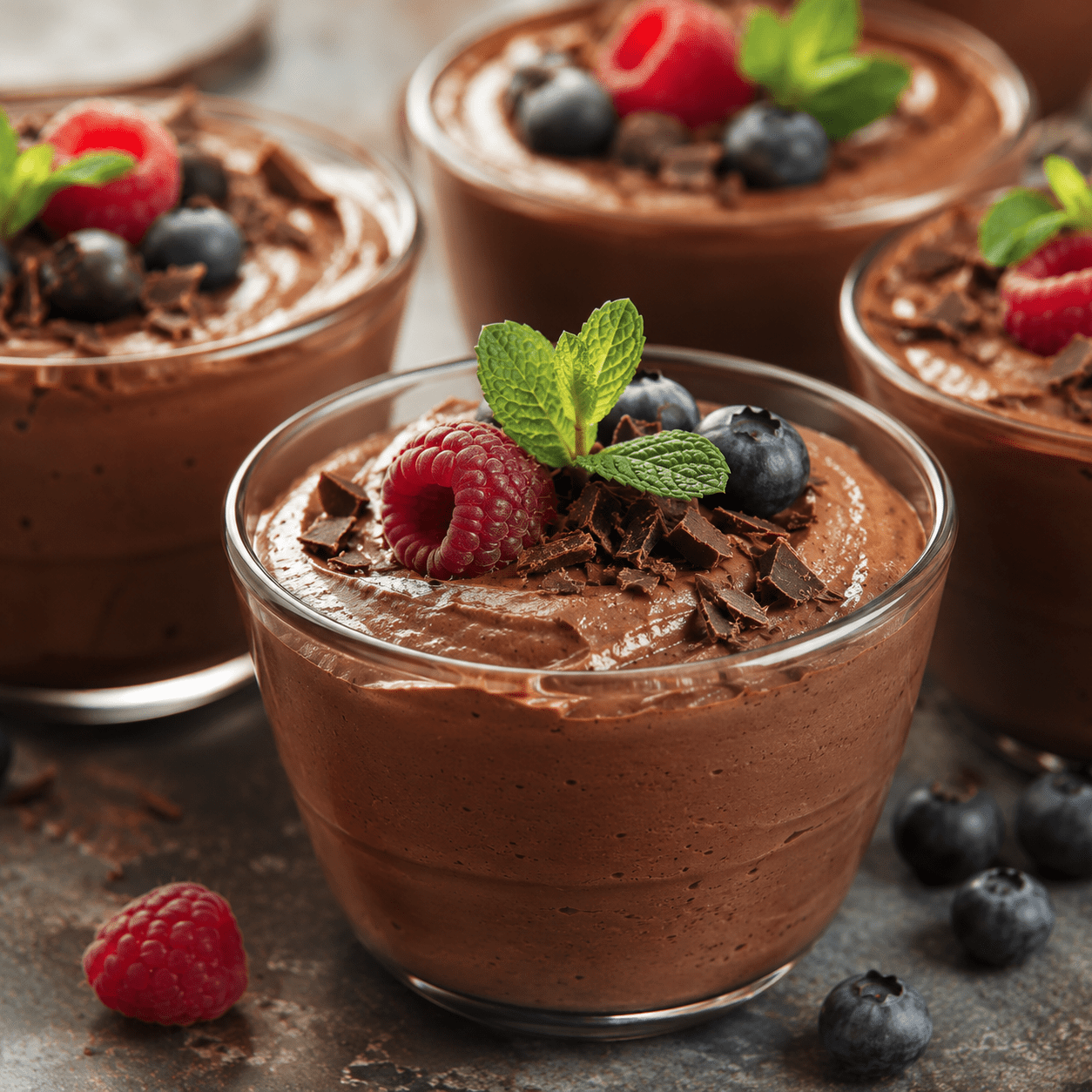 Verrines de mousse au chocolat noir à la texture soyeuse et aérienne, décorées de copeaux de chocolat et servies bien fraîches.