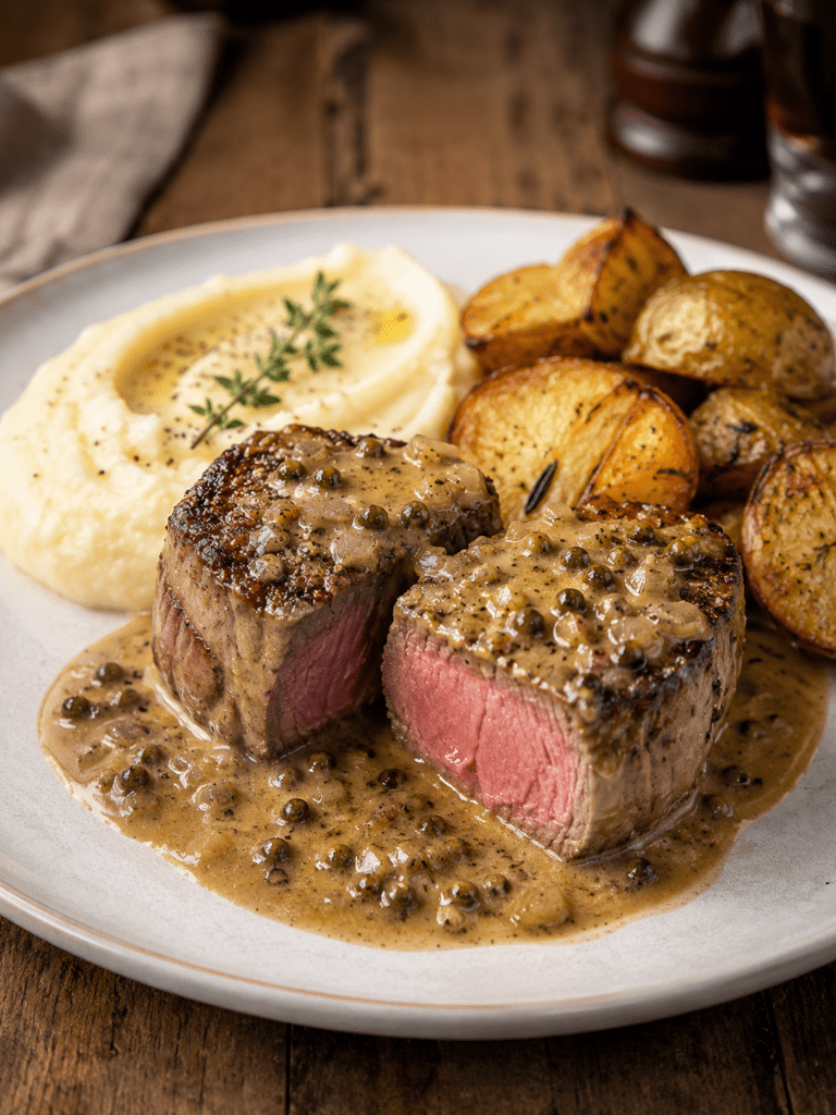Médaillons de filet de bœuf saisis et rosés, nappés d’une sauce crémeuse au poivre vert et aux échalotes, servis avec des pommes de terre rôties.