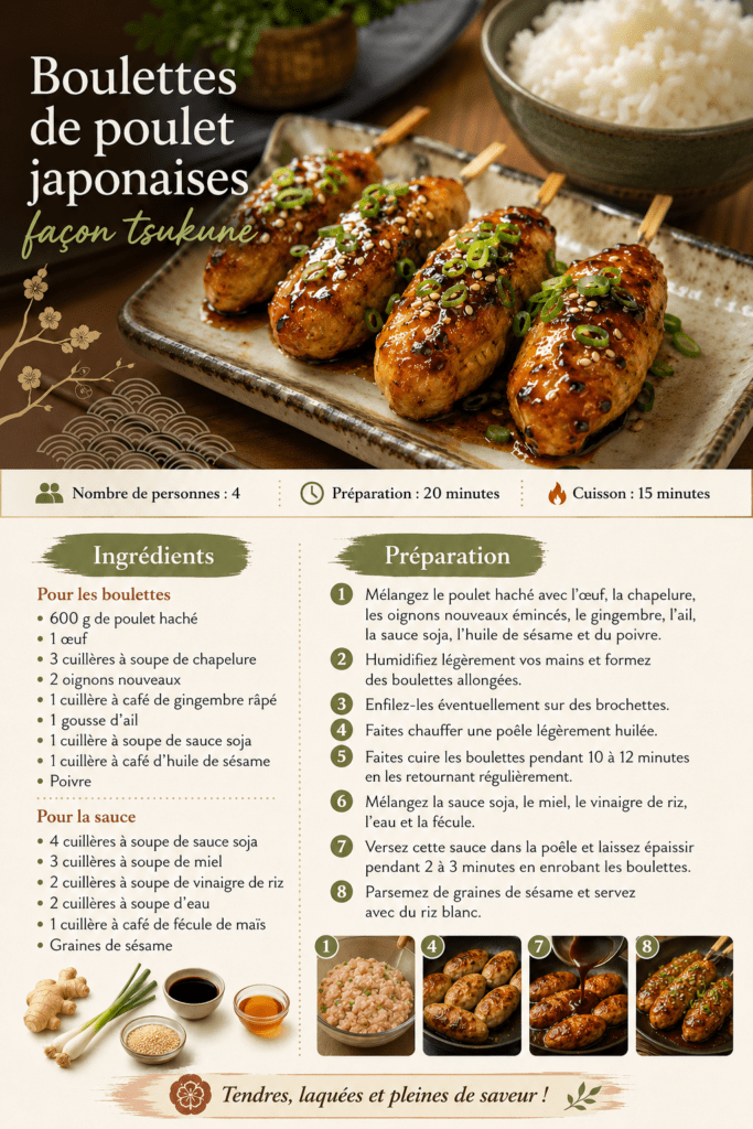 Boulettes de poulet japonaises façon tsukune, brillantes et caramélisées dans une sauce soja au miel, servies avec du riz blanc et des graines de sésame.