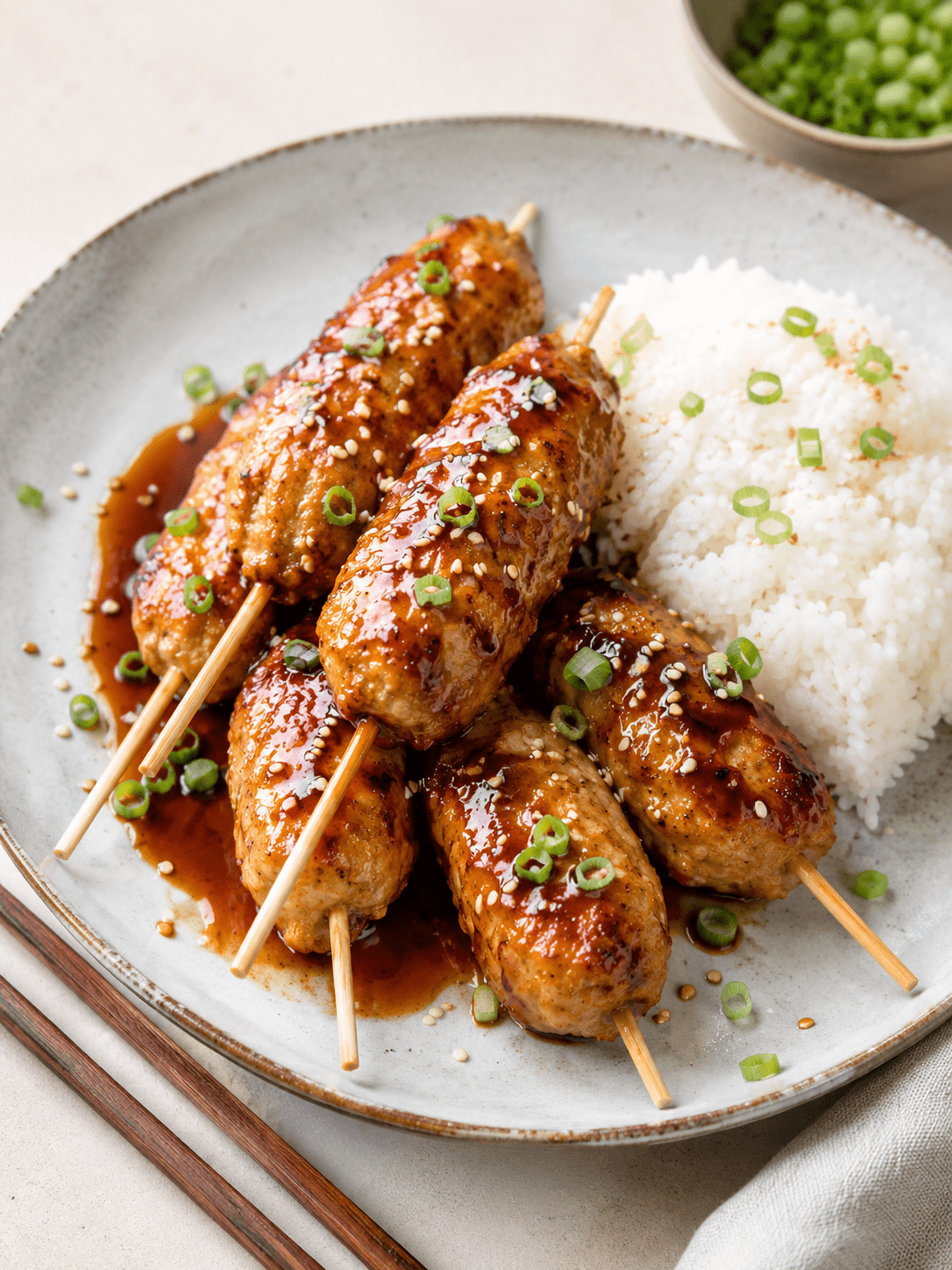 Boulettes de poulet japonaises façon tsukune, brillantes et caramélisées dans une sauce soja au miel, servies avec du riz blanc et des graines de sésame.