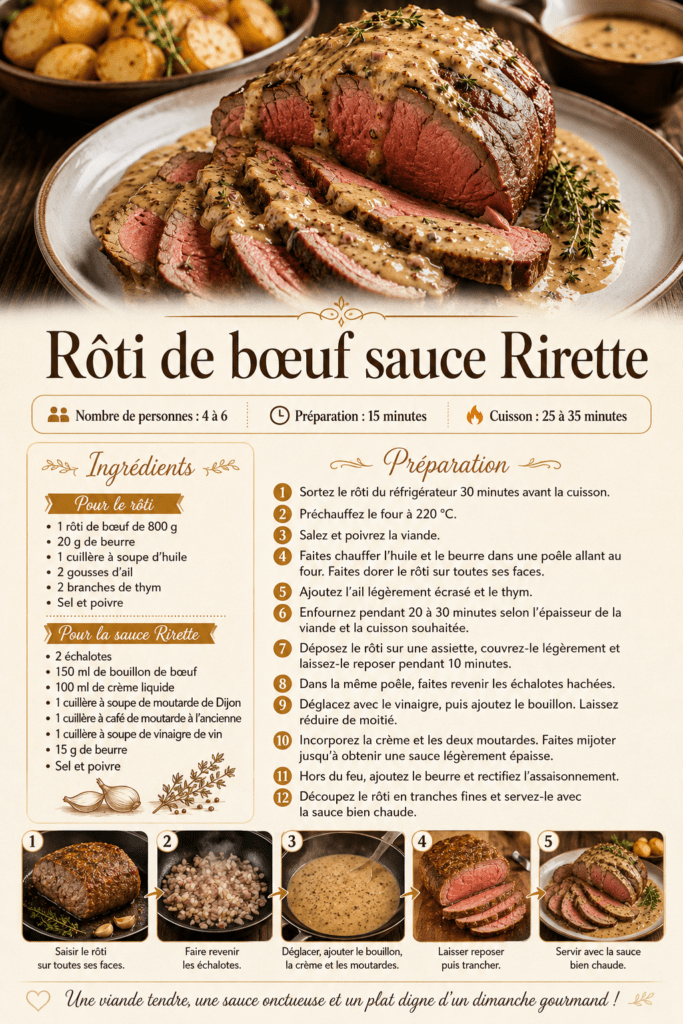 Rôti de bœuf rosé découpé en tranches fines et servi avec une sauce Rirette crémeuse aux échalotes et aux moutardes, accompagné de thym frais.
