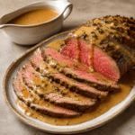 Rôti de bœuf rosé découpé en tranches fines et servi avec une sauce Rirette crémeuse aux échalotes et aux moutardes, accompagné de thym frais.