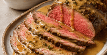 Rôti de bœuf rosé découpé en tranches fines et servi avec une sauce Rirette crémeuse aux échalotes et aux moutardes, accompagné de thym frais.