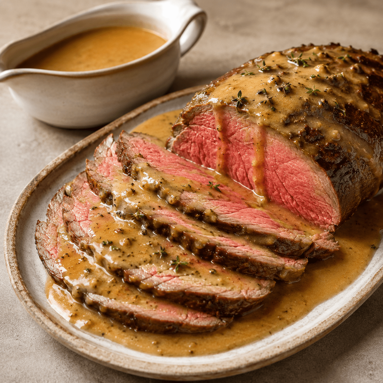 Rôti de bœuf rosé découpé en tranches fines et servi avec une sauce Rirette crémeuse aux échalotes et aux moutardes, accompagné de thym frais.