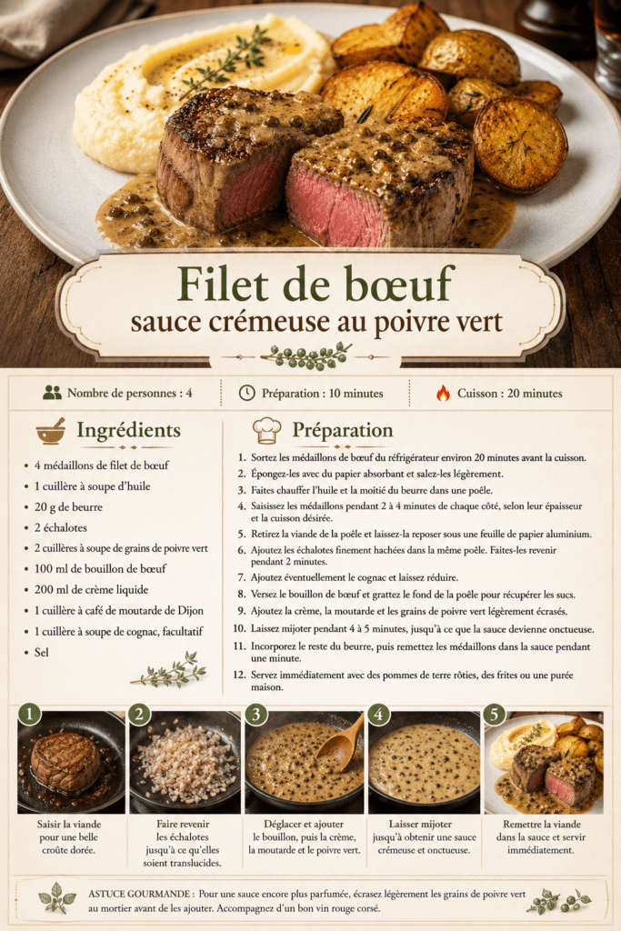 Médaillons de filet de bœuf saisis et rosés, nappés d’une sauce crémeuse au poivre vert et aux échalotes, servis avec des pommes de terre rôties.
