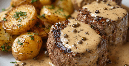 Médaillons de filet de bœuf saisis et rosés, nappés d’une sauce crémeuse au poivre vert et aux échalotes, servis avec des pommes de terre rôties.