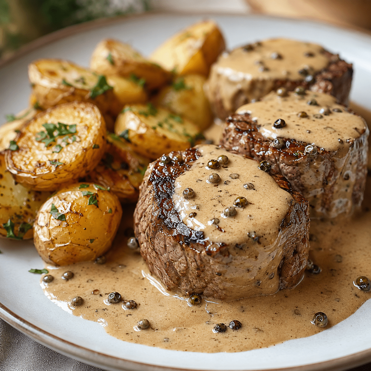 Médaillons de filet de bœuf saisis et rosés, nappés d’une sauce crémeuse au poivre vert et aux échalotes, servis avec des pommes de terre rôties.