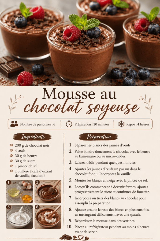 Verrines de mousse au chocolat noir à la texture soyeuse et aérienne, décorées de copeaux de chocolat et servies bien fraîches.
