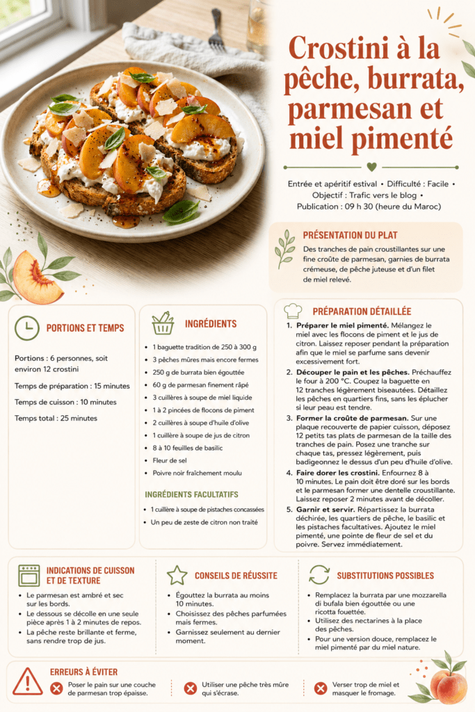 Crostini à la pêche, burrata, parmesan et miel pimenté présentés dans une assiette en céramique claire sous une lumière naturelle chaude.