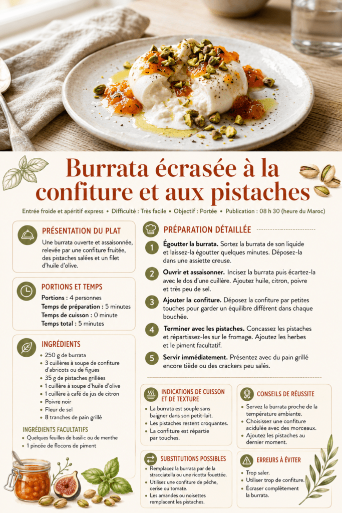 Burrata ouverte à la confiture d’abricots et aux pistaches concassées, servie avec du pain grillé dans une assiette claire.