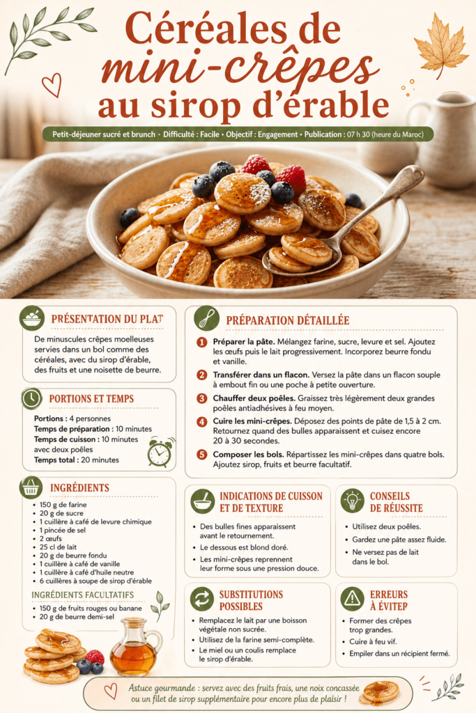Bol de céréales de crêpes dorées avec sirop d’érable, fraises, myrtilles, banane et yaourt.