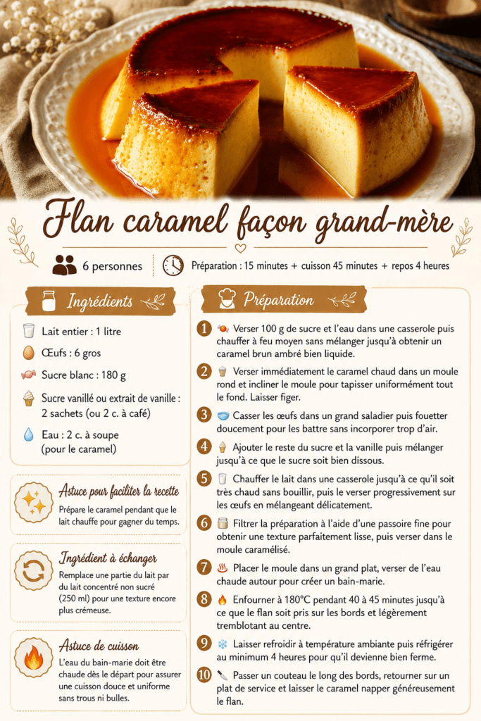 Flan caramel façon grand-mère démoulé sur un plat blanc, nappé de caramel doré brillant, avec une texture lisse et fondante.