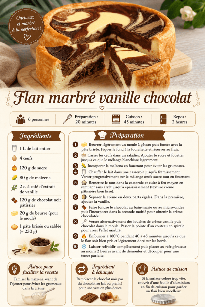 Flan marbré vanille chocolat coupé en parts, avec une pâte dorée, une crème épaisse vanillée et chocolatée, et un joli motif marbré visible.