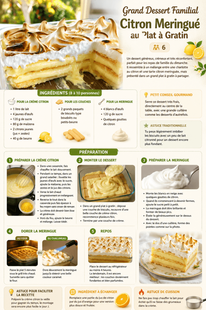 Grand dessert citron meringué servi dans un plat à gratin, avec couches de biscuits fondants, crème citron onctueuse et meringue dorée.