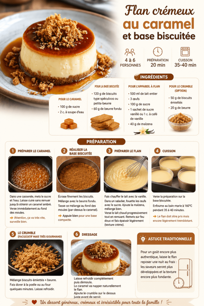 Flan crémeux au caramel démoulé avec une base biscuitée dorée, nappé de caramel brillant et garni de crumble croustillant.