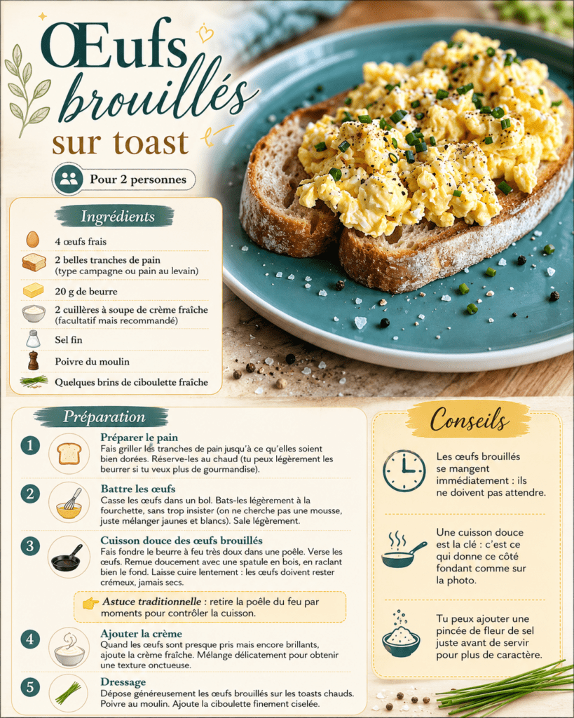 Œufs brouillés crémeux servis sur des tranches de pain grillé doré, garnis de ciboulette fraîche ciselée et de poivre noir.