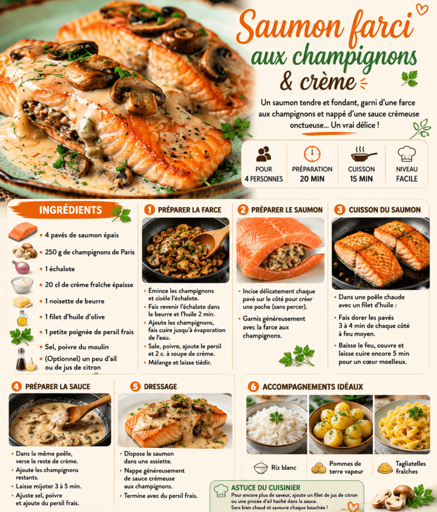 Pavé de saumon farci aux champignons, nappé d’une sauce crémeuse, servi avec du persil frais et un accompagnement de riz.