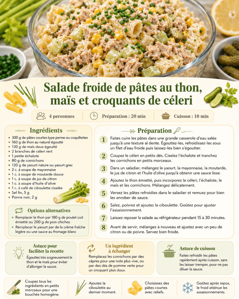 Salade froide de pâtes au thon servie dans un saladier, avec maïs, céleri croquant, cornichons, ciboulette et sauce crémeuse au yaourt.