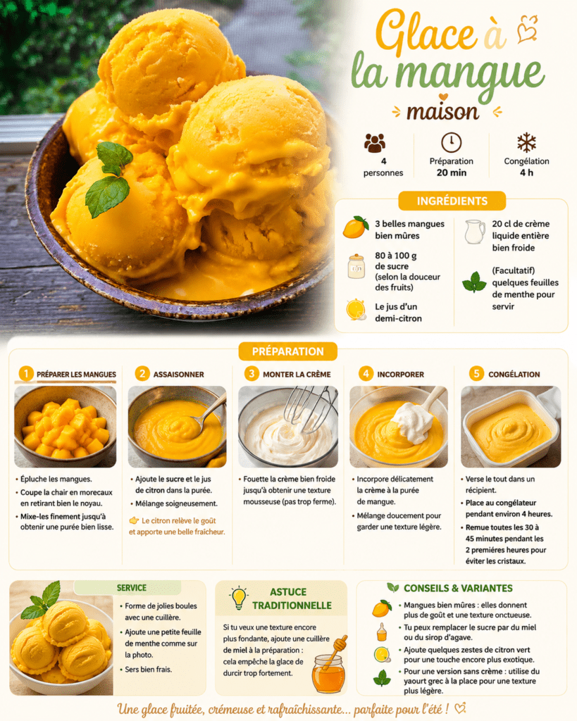 Boules de glace à la mangue maison servies dans une coupe, avec une texture crémeuse jaune doré et une feuille de menthe fraîche en décoration.