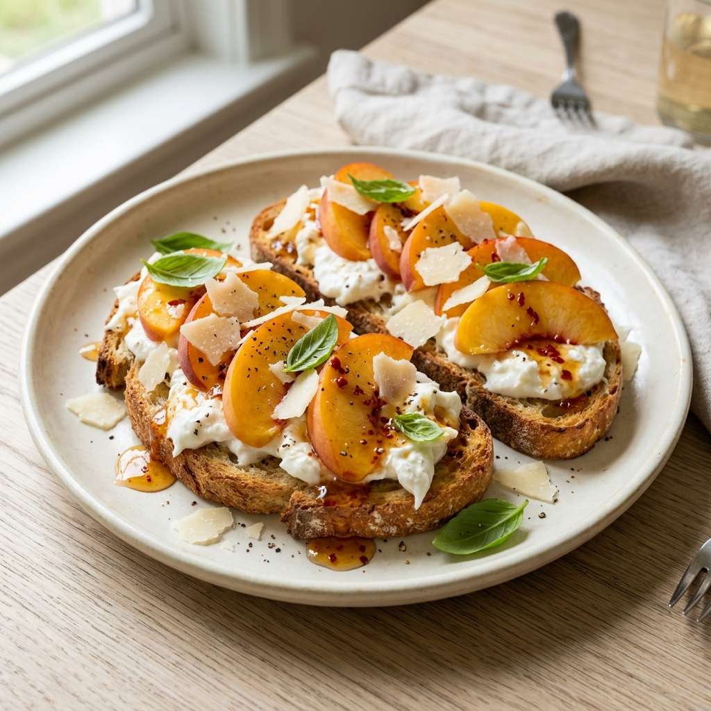 Crostini à la pêche, burrata, parmesan et miel pimenté présentés dans une assiette en céramique claire sous une lumière naturelle chaude.