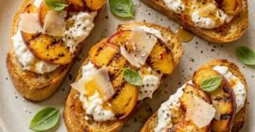 Crostini à la pêche, burrata, parmesan et miel pimenté présentés dans une assiette en céramique claire sous une lumière naturelle chaude.
