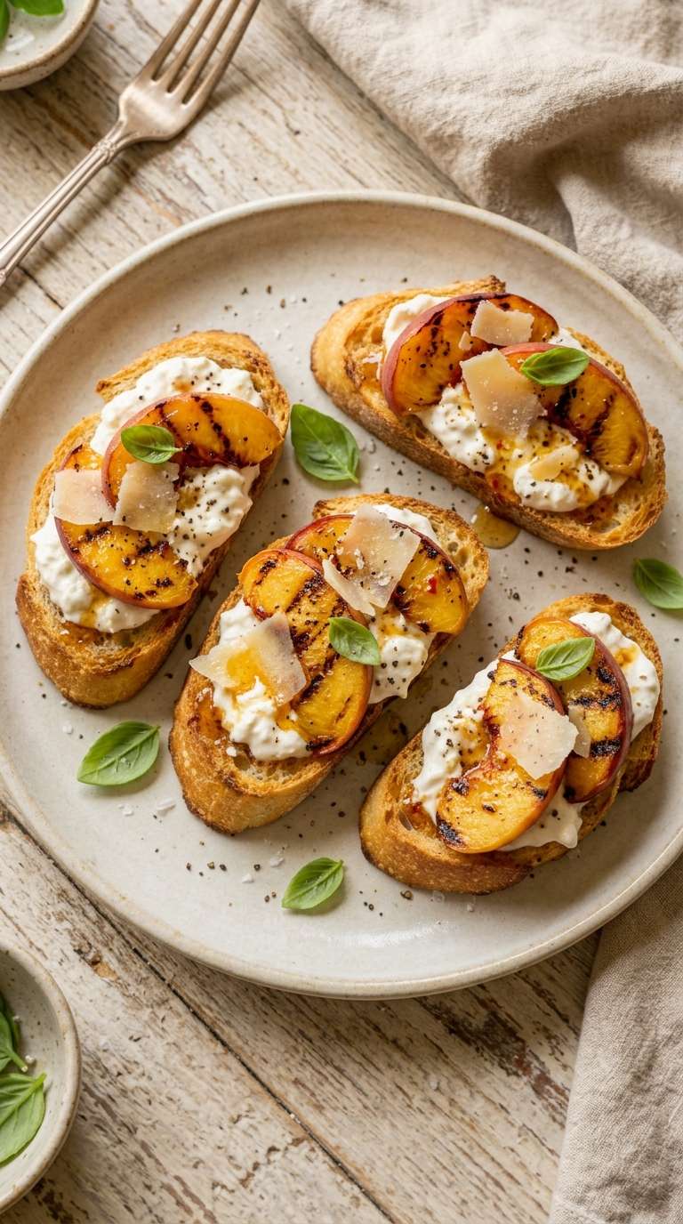 Crostini à la pêche, burrata, parmesan et miel pimenté présentés dans une assiette en céramique claire sous une lumière naturelle chaude.