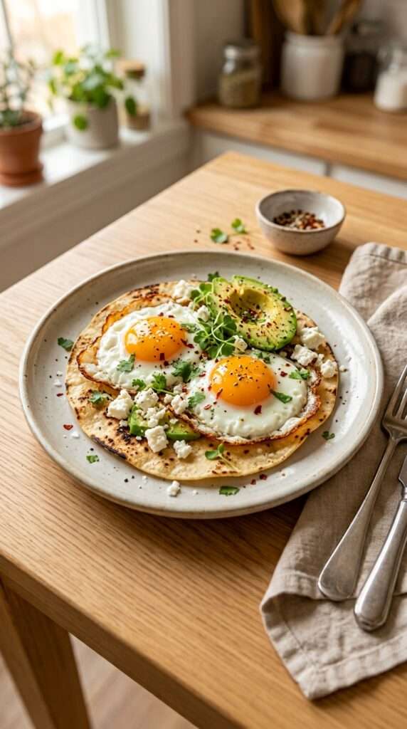 Œuf frit au jaune coulant sur une base de feta croustillante, servi avec avocat et tortilla chaude.