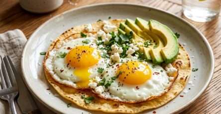 Œuf frit au jaune coulant sur une base de feta croustillante, servi avec avocat et tortilla chaude.